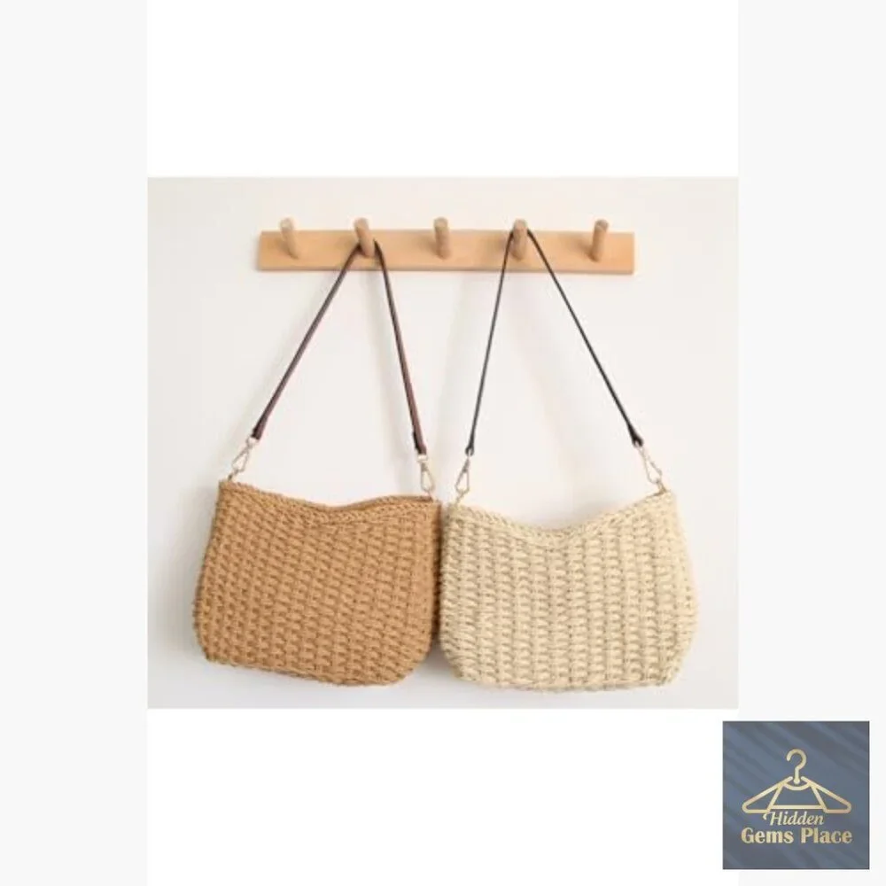 Small Hand Woven Straw Shoulder Bag Mini Purse Beach Vacation - Picture 4 of 6